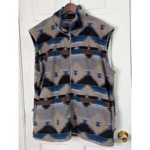 Southwestern Aztec Fleece Vest Jacket Mens 3XL Beige Blue Black Pockets Navajo